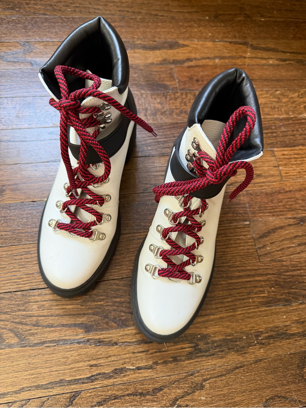 Moncler White Leather Hiking-Inspired Boots with Red Laces